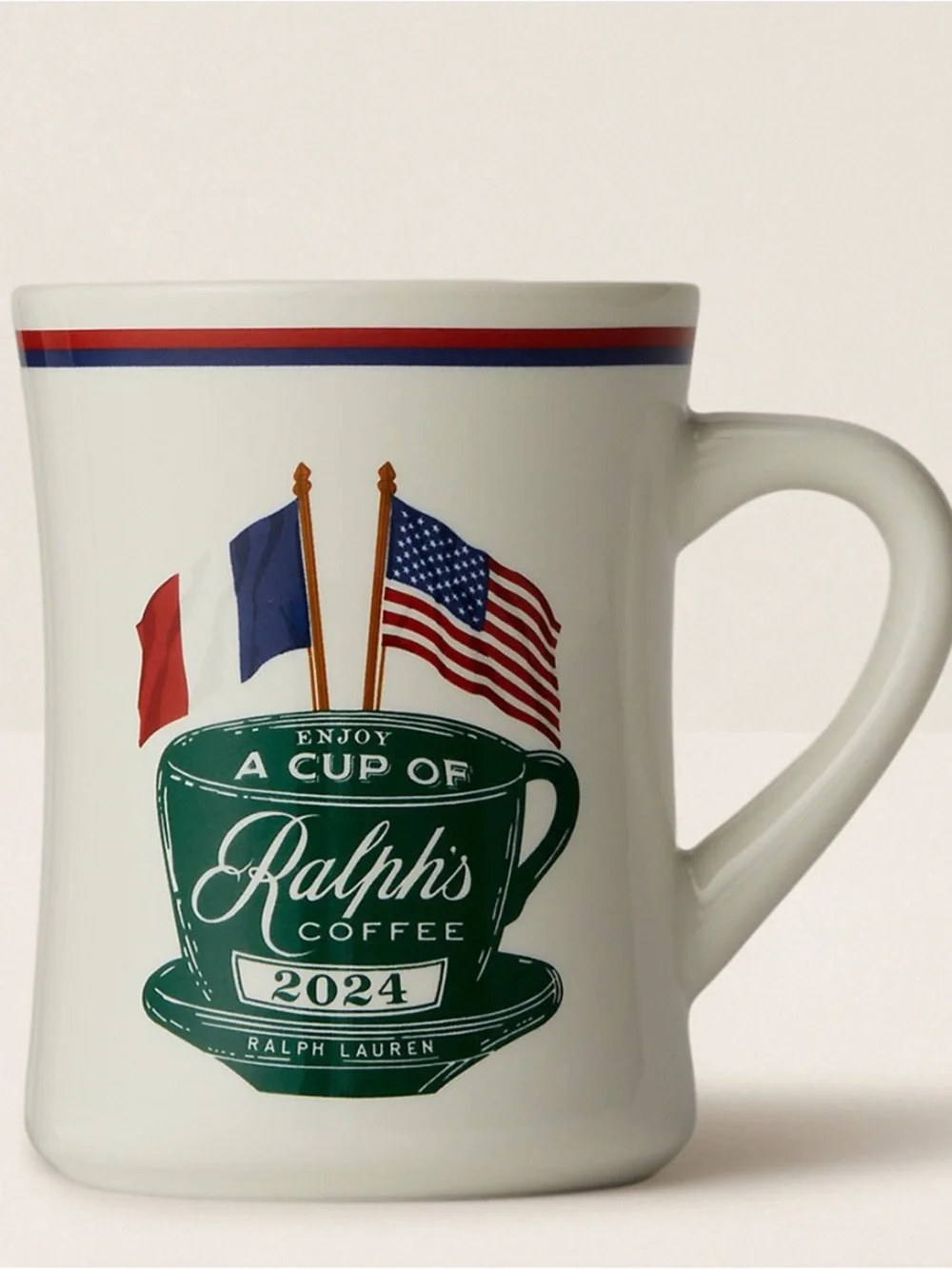 Ralph Lauren White Mug with Green Cup Graphic and Patriotic Flags